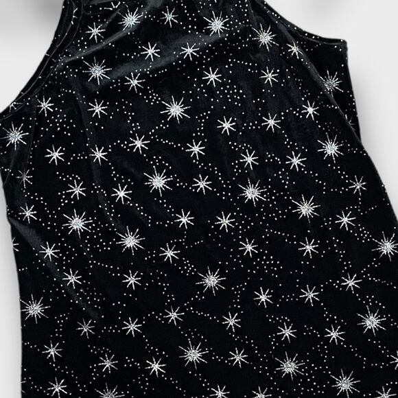 BOUTIQUE Y2K VELOUR CELESTIAL STARS MINI PARTY DRESS BLACK SILVER SMALL - Picture 3 of 7